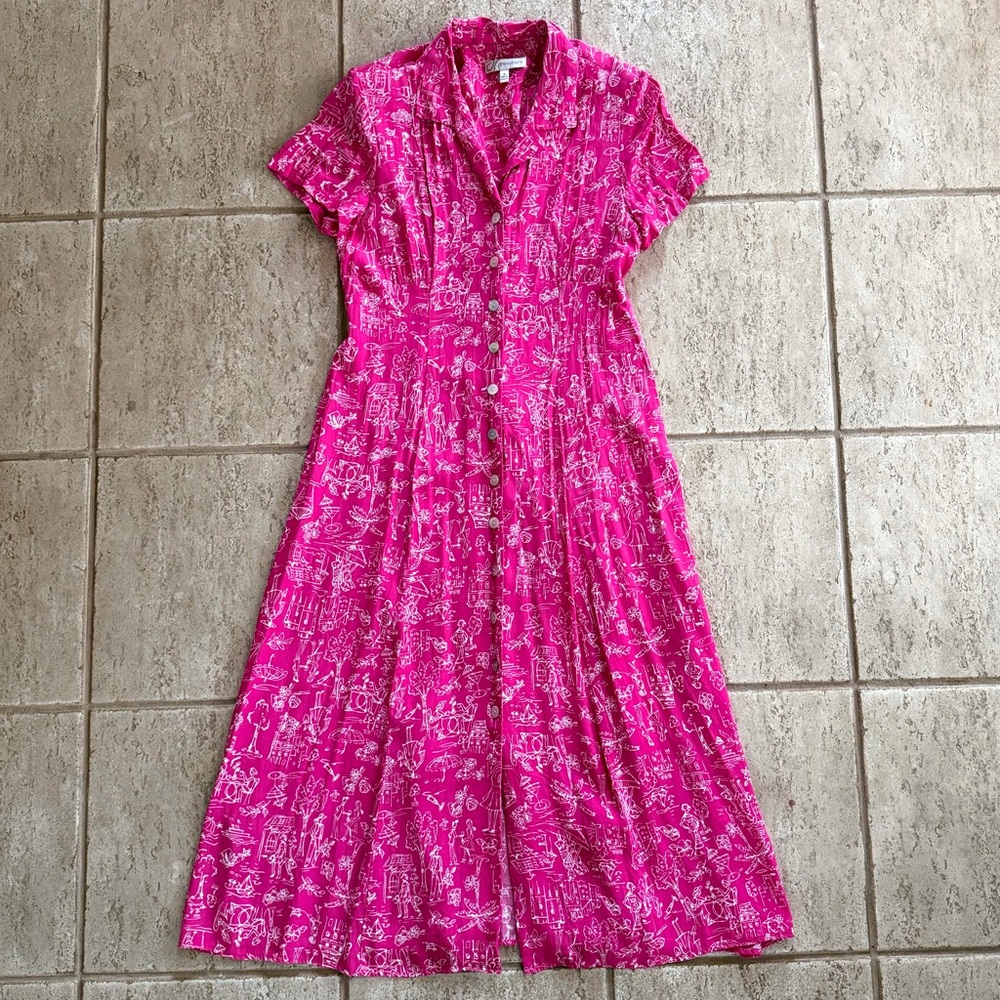 Vtg. Dressbarn Novelty Print Button Front Midi‎ Dress Women 10 Pink Short Sleeve